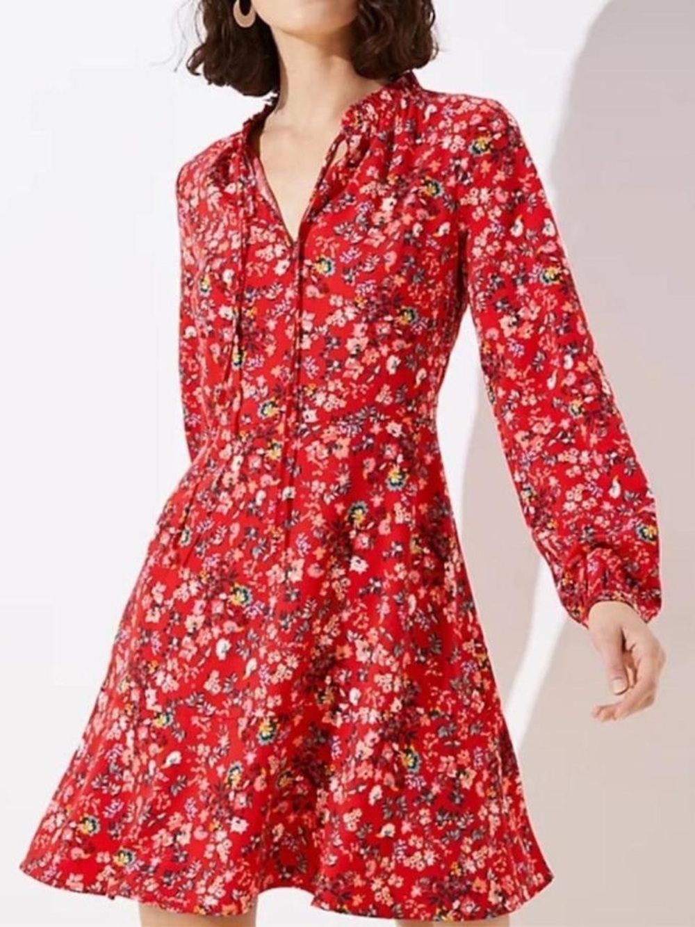 Red Floral Long Sleeve Loft Mini Dress with Tie Front